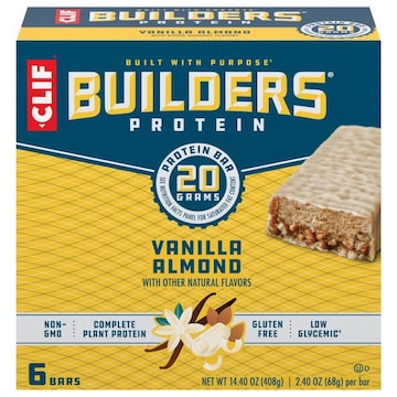 BUILDERS CLIF Builders - Vanilla Almond Flavor - Plant Based Protein Bars - Gluten Free - Non-GMO - Low Glycemic - 20g Protein - 2.4 oz. (6 Pack)
