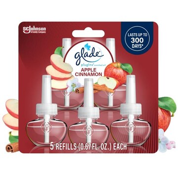 Glade PlugIns Scented Oil 5 Refills, Air Freshener, Apple Cinnamon, Essential Oil Infused Wall Plug In, 3.35 FL OZ, Pack of 5