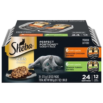 Sheba Perfect Portions Cat Food, Premium, Roasted Chicken Entree/Tender Turkey Entree, Cuts in Gravy, Twin-Pack, Variety Pack