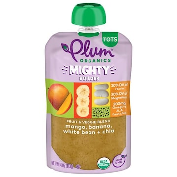 Plum Organics® Mighty Builder Fruit & Veggie Blend Mango, Banana, White Bean + Chia 4oz Pouch