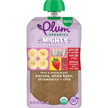 Plum Organics® Mighty Builder Tots Fruit & Veggie Blend Banana, White Bean, Strawberry + Chia 4oz Pouch