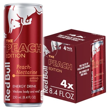 Red Bull Peach Edition Energy Drink Peach Nectarine, 80mg Caffeine, 8.4 fl oz, Pack of 4 Cans