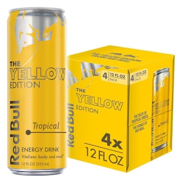 Red Bull Yellow Edition Energy Drink Tropical, 114mg Caffeine, 12 fl oz, Pack of 4 Cans