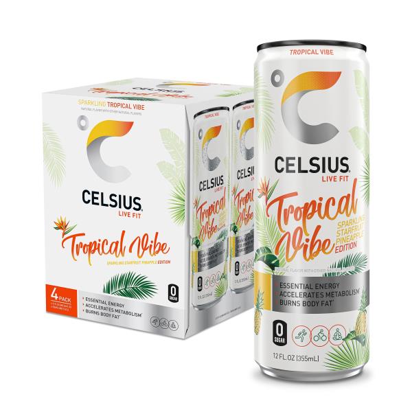 Celsius Sparkling Tropical Vibe, Functional Energy Drink, 4 Pack
