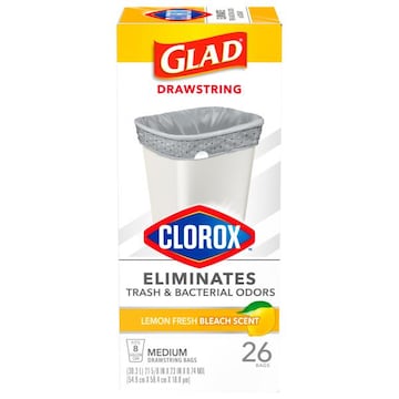 Glad Clorox Drawstring Bags, Medium, Lemon Fresh Bleach Scent, 8 Gallon