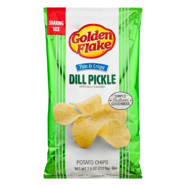 Golden Flake Potato Chips, Dill Pickle Flavored, Thin & Crispy, Sharing