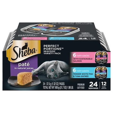 Sheba Perfect Portions Pate in Natural Juices Premium With Sustainable Salmon/Tender White Fish & Tuna Entree Cat Food Seafood Variety Pack